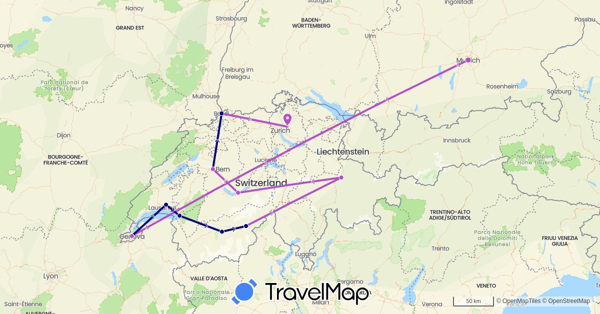 TravelMap itinerary: driving, train in Switzerland, Germany (Europe)